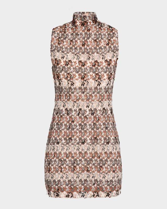 Metallic Lace Mock-Neck Sleeveless Mini Dress
